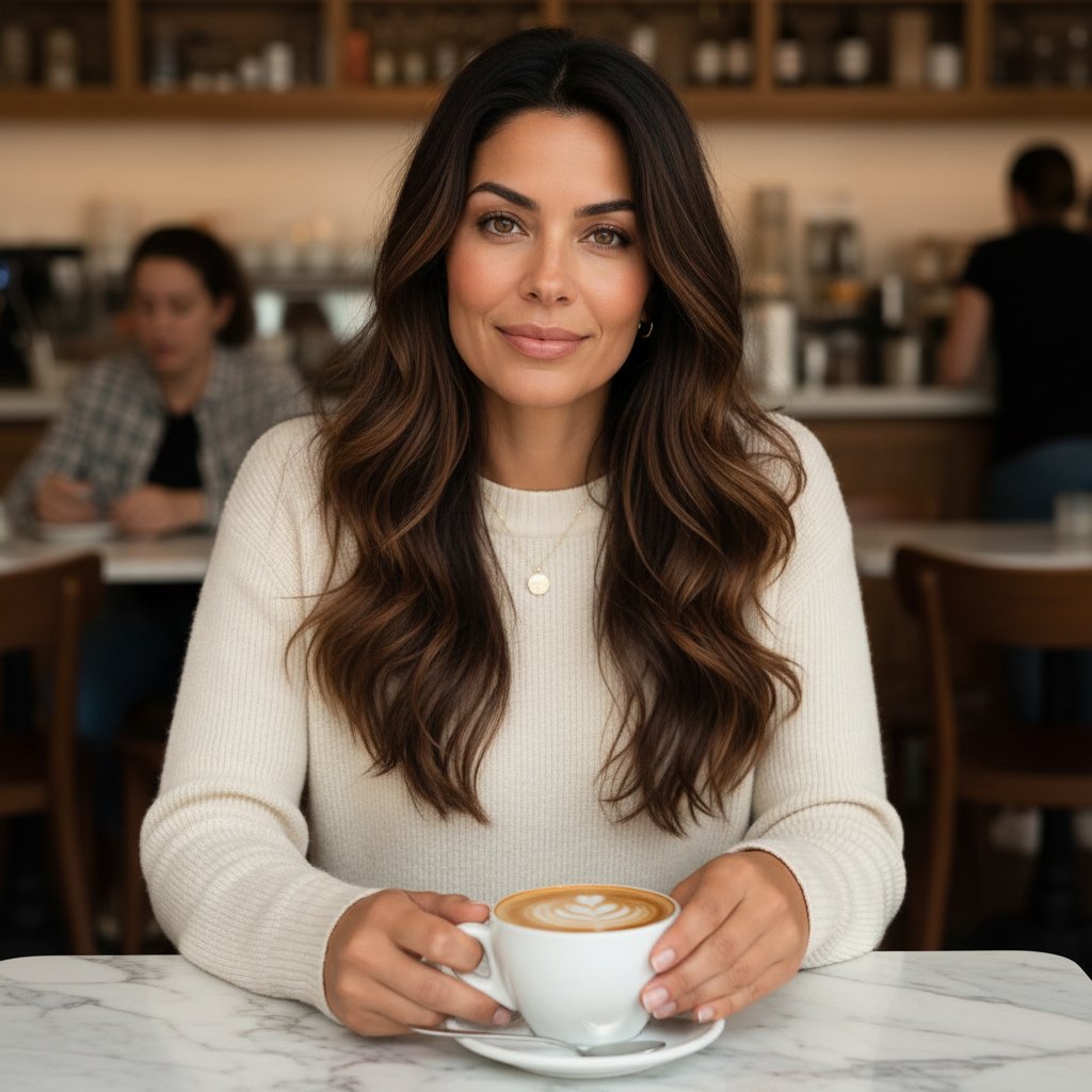 Sailor Delacroix smiling softly over a cappuccino in a warm-toned café, cream knit sweater.